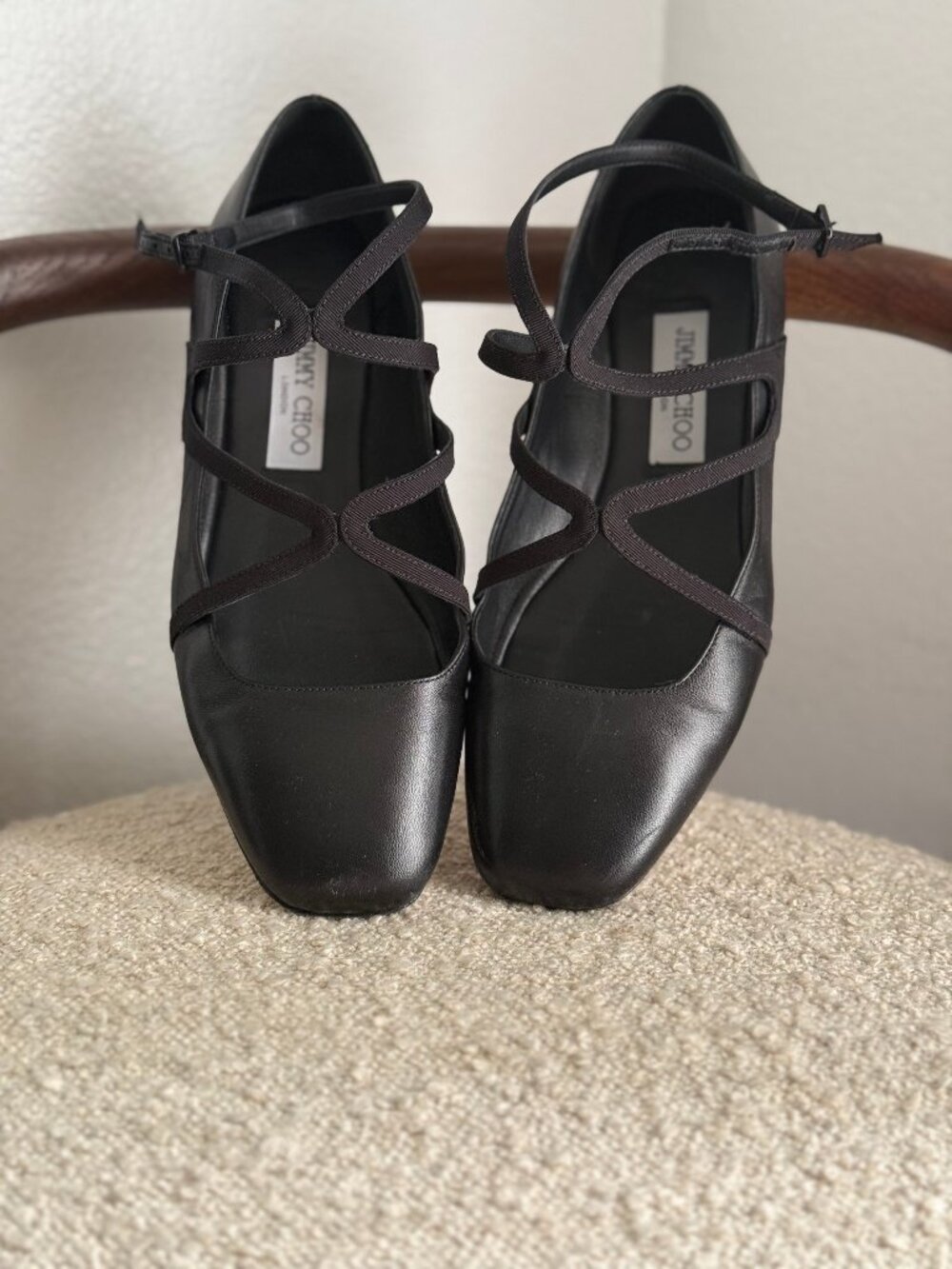 Jimmy Choo Black Leather Lace Up Ballet Flats Wrap Strap Ballerina Shoes - Picture 2 of 4